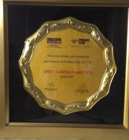 A Bharti AXA General Insurance Premier Club 2017-18 Gold Club recognition plaque